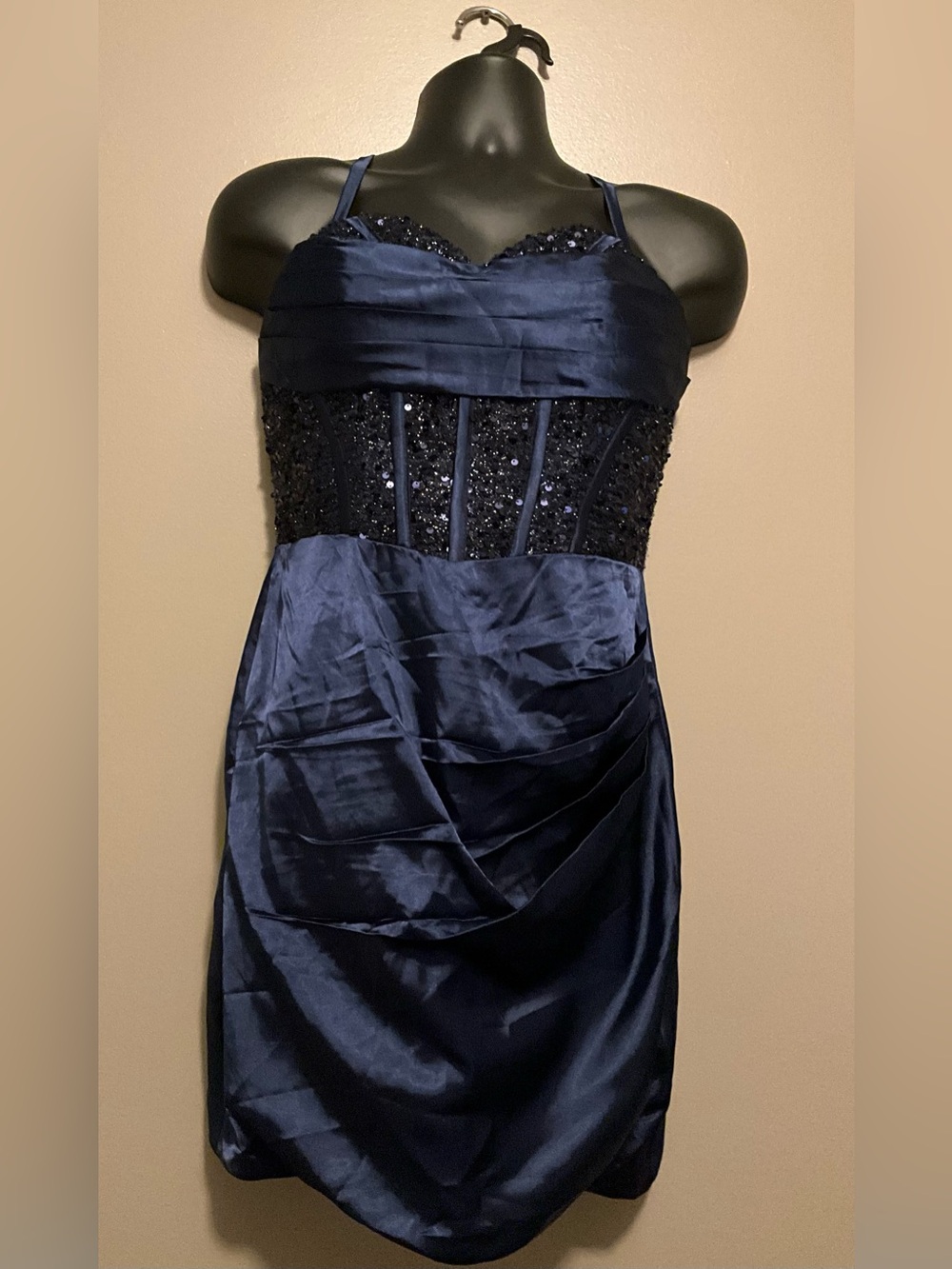 Navy Beaded Bodice Satin Cocktail Dress